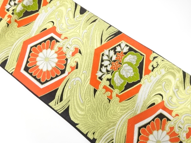 JAPANESE KIMONO / ANTIQUE FUKURO OBI / WOVEN KIKU & PAULOWNIA